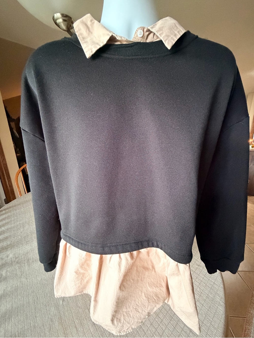 HYFVE Black Cropped Crewneck with Cream Shirt-Layer collar and tail Detail